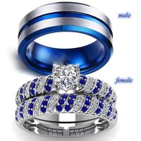Fashion Jewelry Couple Ring Simple Stainless Steel Men Ring Elegant Blue/White Heart Zircon Women Rings Set Engagement Gift