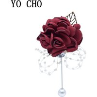 YO CHO Wedding Brooch Bridesmaids Wrist Corsage Girl Bracelet Groom Boutonniere Man Brooch Pins Burgundy Wedding Fabric Corsage