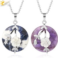 CSJA Women's Trendy Natural Stone Round Pendants Necklace Healing Crystal Silver-Color Carved Flower Leaf Turquoise Jewelry G385