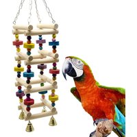 Bunte Holz-Vogelschaukel mit Glocke, Kletterleiter, Kau- und Kletterständer, Beißblock – Haustier-Spielplatz