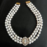 KKGEM Cameo Shell Connector 3 Strands Natural Rice Freshwater pearl Chorker Necklace Women Jewelry luxury Wedding