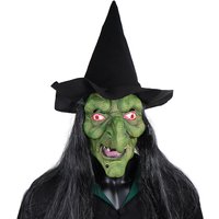 Halloween Horror Old Witch Mask with Hat Cosplay Scary Clown Hag Latex Masks Green Face Big Nose Old Women Costume Party Props