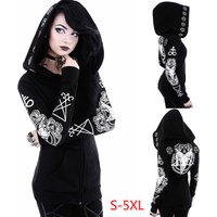 Modetrend Frauen Winter unregelmäßigen schwarzen Punk Kapuzen mantel Schafs kopf Mond bedruckten Pullover