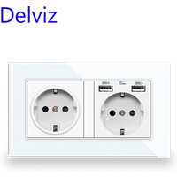 Prise murale double sortie avec USB, panneau en verre trempé, ports de charge USB 5V 2A, AC 110V~250V, prise murale standard UE 16A