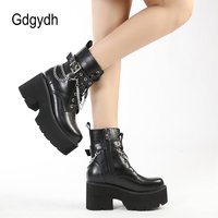 Gdgydh Modern Boots Woman Shoes Gothic Metal Decoration Black Boots Women Heel Sexy Chain Chunky Heel Platform Footwear Zipper image 4