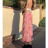 Y2K Vintage Women Half Dress Floral Straight Loose Slimming Low Waist Summer Fall Pink Flowing Skirt Dating Party Holiday