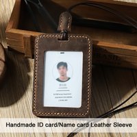 High Quality Handmade Crazy Horse Genuine Leather Name Card Holder Lanyard Card ID Case Name badges Bus Card Sleeve With Strap