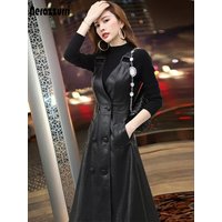 Nerazzurri Summer long black pu leather dress women strap midi faux leather dresses for women 2021 Womens Elegant Korean fashion