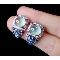 Original new silver diamond natural ice egg round chalcedony earrings luxury high-end elegant ladies jewelry