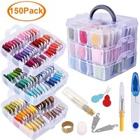 High Tenacity Embroidery Thread Set 150 Colors Cross Stitch Sewing Thread with Floss Bins&Scissors Thimble Cross Stitch Tool Box