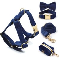 Deep Blue Velvet Personalized Dog Harness Luxury Designer Dog Collar Leash Set Bow Pet Collar with Walking Lead Pet Accessories