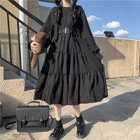 YBYR Japanese Harajuku Women Black Midi Dress Gothic Style Suspenders Bandage Dress Vintage Ruffles Long Baggy Cosplay Costume