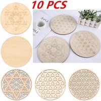 10 pièces cercles de bord rond sculpté dessous de verre Chakra naturel fleur de vie symbole bois pour pierre cristal ensemble tapis de Table cuisine bricolage