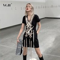 VGH Sexy Patchwork Cross Bandage Dress For Women V Neck Short Sleeve Drawstring Slim Dresses Female 2021 Clothing Fashion New