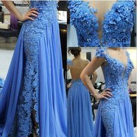 Customized A-Line Prom Evening Dresses 3D Applique Beaded Illusion Sexy Backless Party robe de soirée femme vestidos de noche