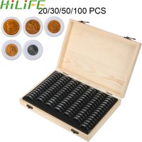 HILIFE Coin Storage Box With Adjustment Pad 20/30/50/100PCS Adjustable Wooden Commemorative Coin Collection Case Holder Capsules
