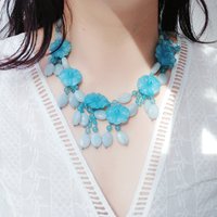 Lii Ji Real Stone Blue Aqua Jade Statemente Necklace Flowers Tassels Necklace 45cm Women Jewelry Gift