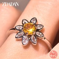 ZDADAN 925 Sterling Silver Yellow Sunflower Zircon Ring For Women Fashion Glamour Gift Wedding Jewelry