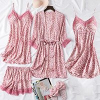Drucken Leopard 4PCS Schlaf Set Pyjamas Weibliche Lose Satin Pyjamas Nachtwäsche Sexy Casual Hause Tragen Anzüge Spitze Trim Frauen nachtwäsche