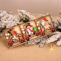9pcs/set Christmas Printed Wooden Pendant Ornament Snowman Car Diy Wooden Craft Kids Family Christmas Party Decoration Gift