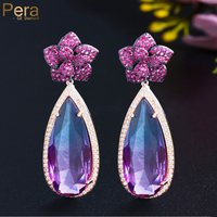Pera Perfect Gradient Colour Cubic Zirconia Red Flower Charm Bridal Wedding Jewelry Long Water Drop Pendant Dangly Earrings E809