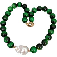 KKGEM 14mm Round Green Tiger Eye Cultured White Keshi Pearl Choker Necklace 18.5"