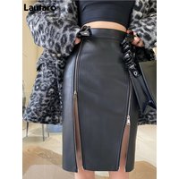 Lautaro Autumn Soft Black Pu Leather Midi Skirt Women with Double Slit Zipper High Waist Korean Style Fashion 2021 Streetwear