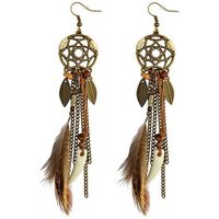 Round Retro Women's Dream Catcher Handmade Long Tassel Feather Earrings Female Leaves Pendant Earring Kolczyki Boho Jewelry