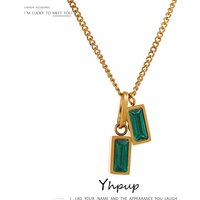 Yhpup Stainless Steel Green Cubic Zirconia Pendant Necklace for Women Jewelry Statement Stylish Unique Design Collar Gift