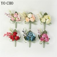 YO CHO Boutonniere Wedding Men Brooch Pins Bridal Wrist Corsage Girl Bracelet Silk Rose Flower Party Prom Wedding Boutonniere