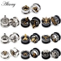 Alisouy 2pcs Stainless Steel Cat Head Skull Cross Ear Tunnels Plugs Expander Stretcher Earrings Gauges Body Piercing Jewelry