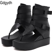 Gdgydh Platform Flip Flops Women Beach Sandals Ankle Strap Wedges Shoes For Summer Black Leather Vintage European American Zip