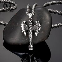 Punk Vikings Axes Necklace Men Stainless Steel Norse Runes Double Edged Hatchet Pendant Amulet Scandinavian Jewelry Male Gifts