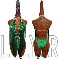 New Latin Dance Competition Show Adult Custom Green Tassels Sexy Open Back Waist Diamond Dance Dress