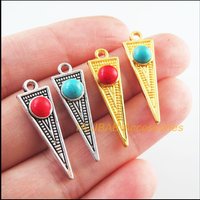 15Pcs Retro Gold Color Tibetan Silver Tone Triangle Blue&Red Stone Charms Pendants 9x28.5mm