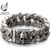 Fongten Gothic Skull Bracelets For Men Ancient Silver Color Stainless Steel Cuban Chain Heavy Bracelet Bangle Jewelry Wholesale