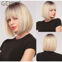 GEMMA Kurze gerade Bob-Synthetik-Perücken mit Pony für Frauen, Afro-Ombre, Schwarz, Braun, Gelb, Blond, Perücken, Cosplay, Party, Alltag, Haar