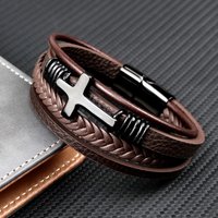 Charm Stainless Steel Leather Cross Brown/black Bracelet Men Hiphop Jewelry Magnetic Clasp Mutilayer Male Cuff Wrap Bangle Gift