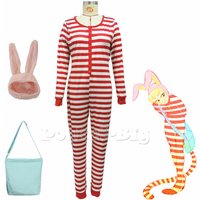 Popee The Performer Cosplay Costume with Bag White and Red Striped Pajamas Jumpsuit Plush Bunny Ear with Tail Christmas Night