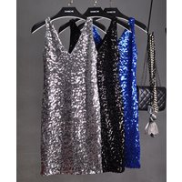 Tide Sequined Sleeveless Vest Render Double V-neck Backless Sexy Stage Dinner Girl Sexy Dresses Party Night Club Dress 2020