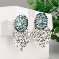 Indian Jewelry Women's Ethnic Round Blue Rhinestone Wedding Earrings Accessories Kolczyki Retro Silver Color Jhumka Earrings