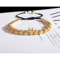 Luxury White CZ Crown Braided Bracelet Fashion Gold Color Carved Flower Copper Beads Bracelet Pulseira Masculina