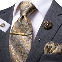 Yellow Brown Paisley Tie For Men Men's Tie Clip Gift Luxury Necktie Hanky Cufflinks Brooch Set Formal Wedding Party Business