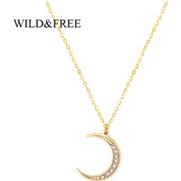 Wild&Free New Simple Crescent Moon Necklace Plain Half Moon Crystal Pendant Necklaces for Women Stainless Steel Fashion Jewelry