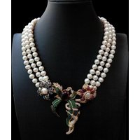 Y·YING 3 Strands Cultured White Pearl Cubic Zirconia Pave Pendant Statement Necklace 18"