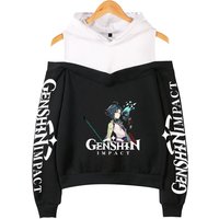 Genshin Impact Hoodies Women's Off-shoulder Hoodie Sweatshirt Autumn Winter Hoodie Harajuku Cartoon Xiao Off-shoulder Sweatshirt