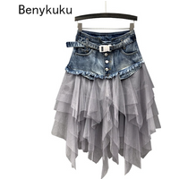 Punk Women Denim Jeans Mesh Patchwork Lace Skirt High Waist A Line Asymmetric Frill Tulle Pleated Midi Y2K Gothic Chic Skirts