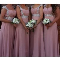 Stock Clear A Line Chiffon Off Shoulder Beading Crystals Cap Sleeve Evening Bridesmaid Dresses Wedding Party Prom Lace Up Back
