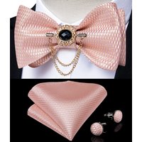 Dibangu Men's Pink Solid Self Tie Bow Tie Pocket Square Cufflinks Brooch Set for Wedding Groom Marriage Business Party Bowties