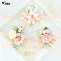 Pink Floral Wrist Corsage Bracelets Ribbon Rose Bridesmaid Groom Hand Flowers Wedding Boutonnieres Marriage Prom Accessories